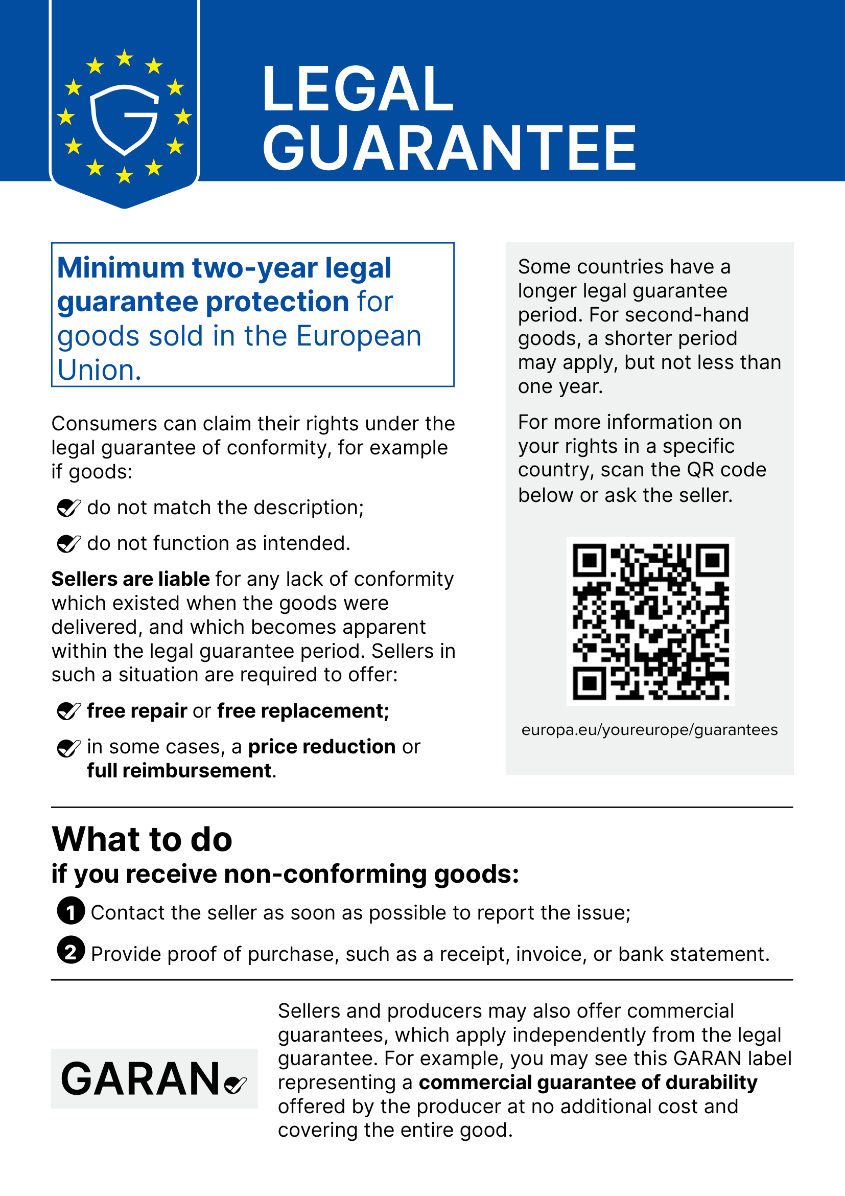Notice on the legal guarantee of conformity: minimum two-year protection for goods sold in the European Union